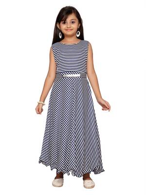 Blue printed cotton knitted kids-girl-gowns 1
