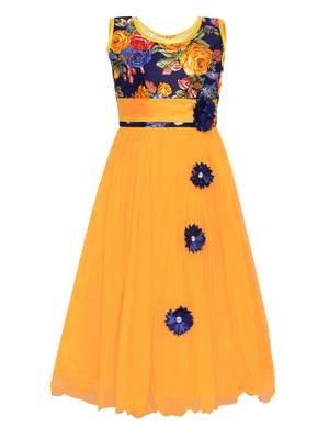 Yellow printed net kids-girl-gowns 1