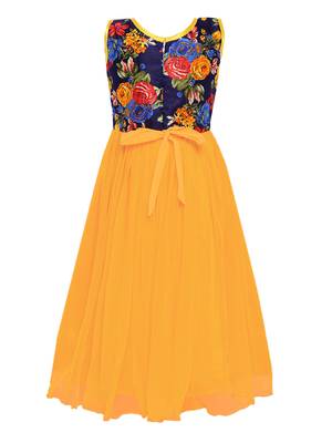 Yellow printed net kids-girl-gowns 2
