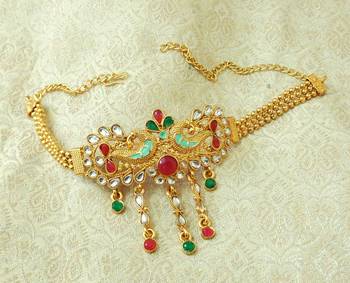 Lalso Designer Multicolor Mint Meenakari Peacock Kundan Adjustable Bajuband Armlet Jewelry - LMBB04_MG 1