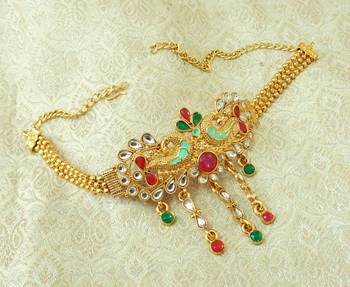 Lalso Designer Multicolor Mint Meenakari Peacock Kundan Adjustable Bajuband Armlet Jewelry - LMBB04_MG 2
