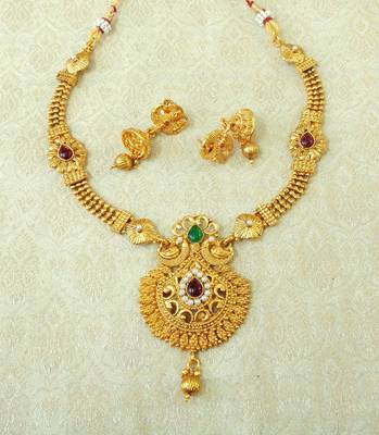 Lalso Beautiful  Kempu Green Gold Plated Brass Ball Chain Short Necklace Sets - LBCN07 1