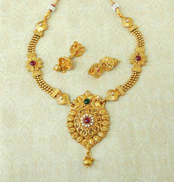 Lalso Beautiful  Kempu Green Gold Plated Brass Ball Chain Short Necklace Sets - LBCN08 1