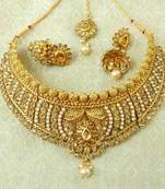 LALSO Golden LCT Kundan Pearl Gold Plated Wedding Bridal Choker Neckalce Earring Set With Maangtikka - LCN20_LCT
