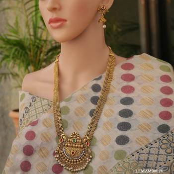 Golden traditional red, green stone studded copper necklace set 1