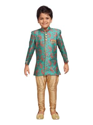 Green printed silk blend boys-sherwani 1