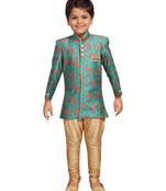 Green printed silk blend boys-sherwani