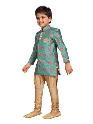 Green printed silk blend boys-sherwani 2