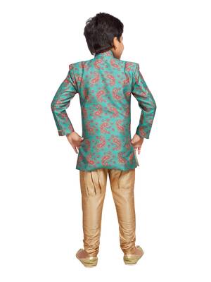 Green printed silk blend boys-sherwani 3