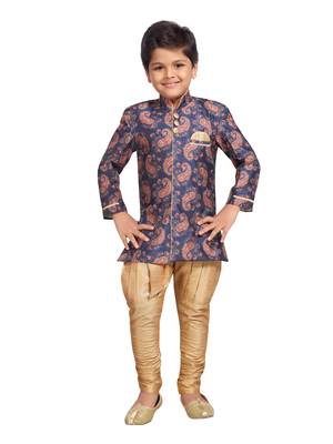 Blue printed silk blend boys-sherwani 1