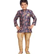 Blue printed silk blend boys-sherwani