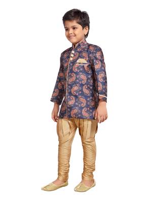 Blue printed silk blend boys-sherwani 2