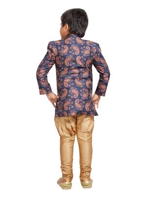 Blue printed silk blend boys-sherwani 3