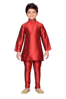 Red plain raw silk boys-kurta-pyjama 1