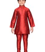 Red plain raw silk boys-kurta-pyjama