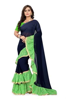 Green Plain Georgette Ruffle Saree With Blouse 1
