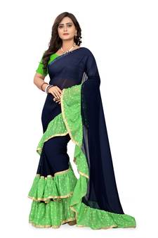 Green Plain Georgette Ruffle Saree With Blouse