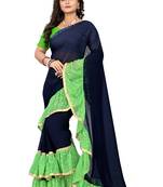 Green Plain Georgette Ruffle Saree With Blouse