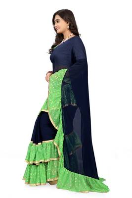 Green Plain Georgette Ruffle Saree With Blouse 2