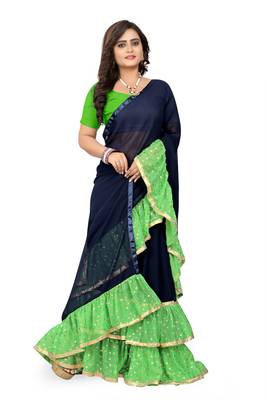 Green Plain Georgette Ruffle Saree With Blouse 3