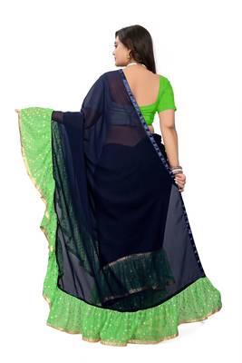Green Plain Georgette Ruffle Saree With Blouse 4