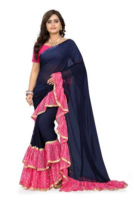 Pink Plain Georgette Ruffle Saree With Blouse 1