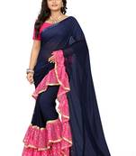 Pink Plain Georgette Ruffle Saree With Blouse