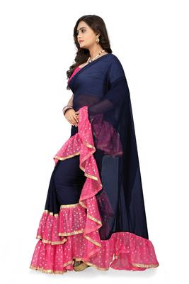 Pink Plain Georgette Ruffle Saree With Blouse 2