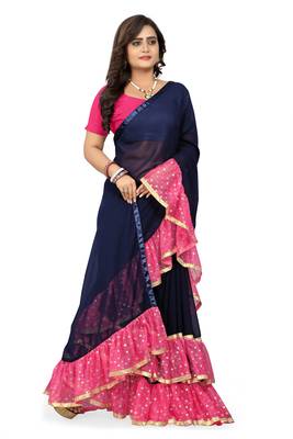 Pink Plain Georgette Ruffle Saree With Blouse 3
