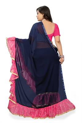 Pink Plain Georgette Ruffle Saree With Blouse 4