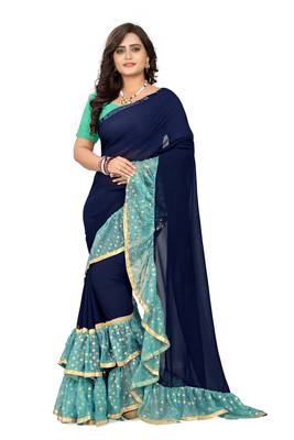 Blue Plain Georgette Ruffle Saree With Blouse 1