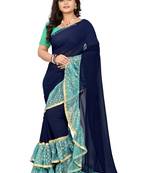 Blue Plain Georgette Ruffle Saree With Blouse