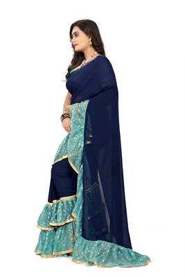 Blue Plain Georgette Ruffle Saree With Blouse 2
