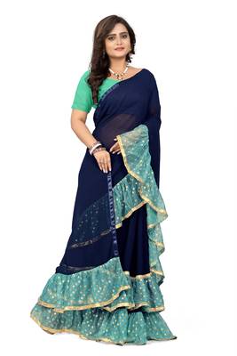 Blue Plain Georgette Ruffle Saree With Blouse 3