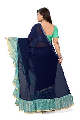 Blue Plain Georgette Ruffle Saree With Blouse 4