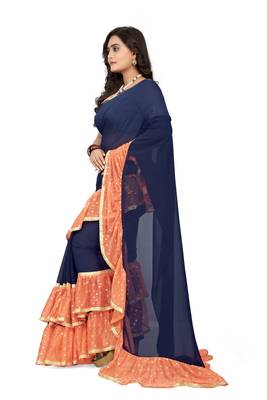 Orange Plain Georgette Ruffle Saree With Blouse 2