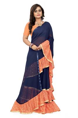Orange Plain Georgette Ruffle Saree With Blouse 3