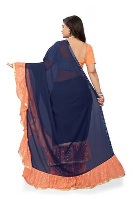 Orange Plain Georgette Ruffle Saree With Blouse 4