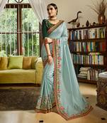 Light Blue Embroidered Art Silk Saree With Blouse