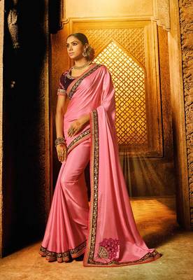 Pink plain faux fabric saree with blouse 1