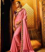 Pink plain faux fabric saree with blouse