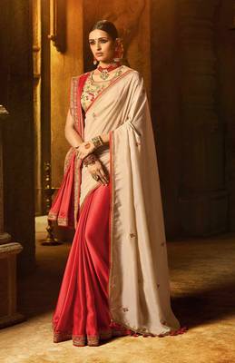 Beige plain faux fabric saree with blouse 1
