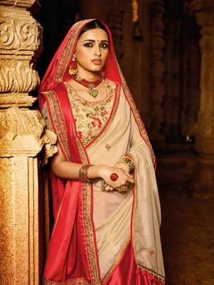 Beige plain faux fabric saree with blouse 2