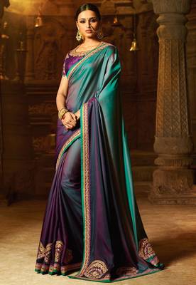 Purple plain faux fabric saree with blouse 1