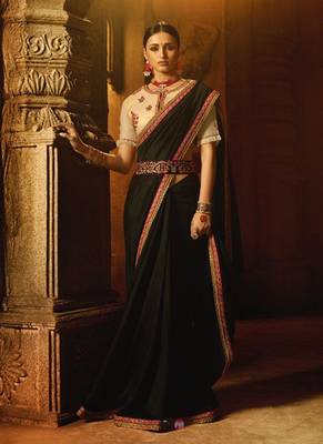 Black plain faux fabric saree with blouse 1