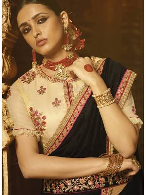 Black plain faux fabric saree with blouse 2