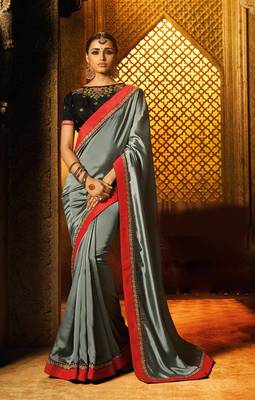 Sky blue plain faux fabric saree with blouse 1