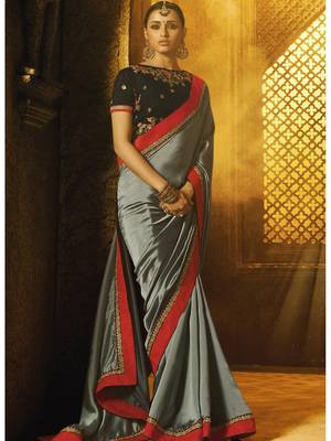 Sky blue plain faux fabric saree with blouse 2