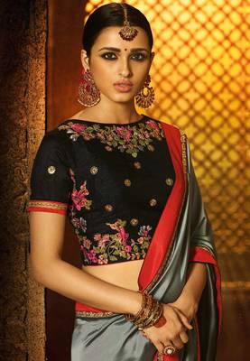 Sky blue plain faux fabric saree with blouse 3