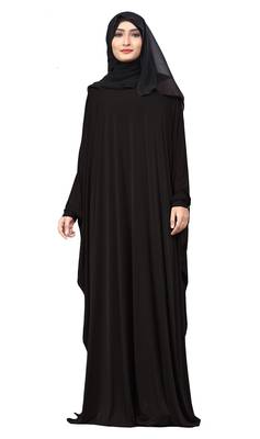 Black Color Plain Free Size Arabic Lycra Abaya With Chiffon Hijab Scarf For Women 1